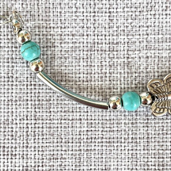 Butterfly Bracelet Turquoise Stone Beads and Silver Alloy Women Sz 6.5 to 9 in - Picture 4 of 9